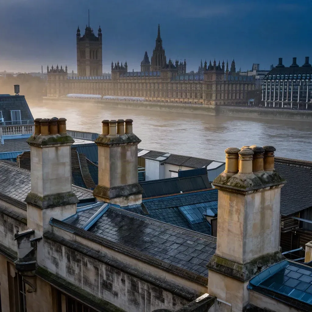 Westminster rooftops above Thames mist at blue hour, with calm stone embankment below.