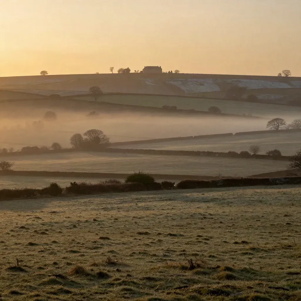 Sunrise over South East chalk downs with mist, hedgerows, and a distant manor roofline