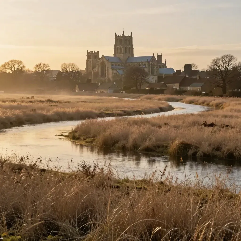 Golden-hour East of England cathedral skyline above misty water meadows and still riverside roofs.