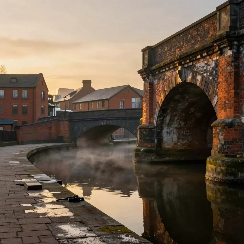 West Midlands canal and brick skyline at warm dusk with misty reflective water