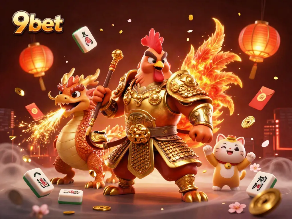 Join the thrill of 9bet with a dynamic casino scene featuring a fighting rooster and a dragon hatchling.