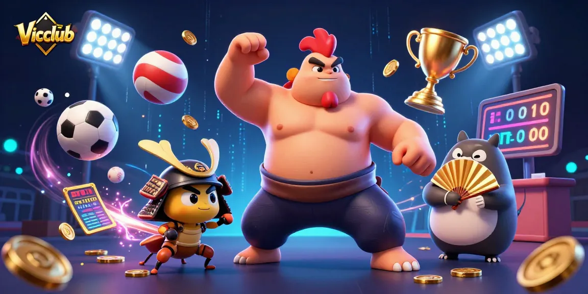 Vicclub brings energy to the casino scene with a dynamic 3D illustration of cartoon characters.