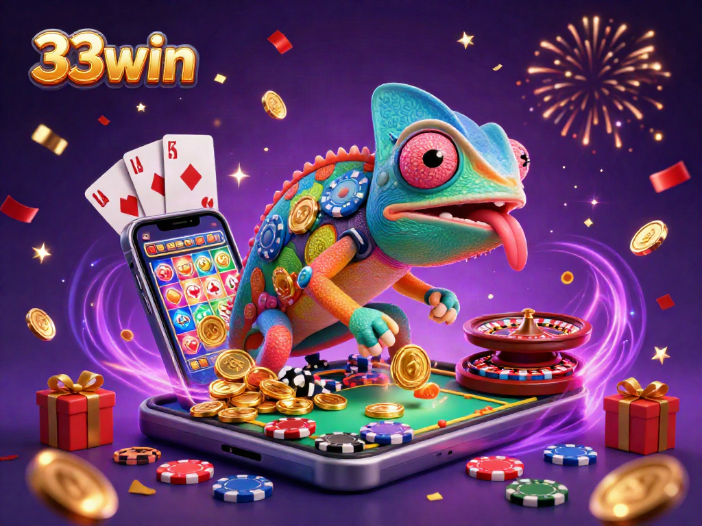 33win casino chameleon catches coins, showcasing vibrant gaming elements and lively atmosphere