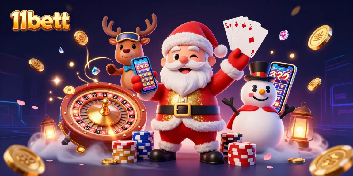 Win big at 11bett's casino with Santa enjoying jackpot slots and vibrant game elements.
