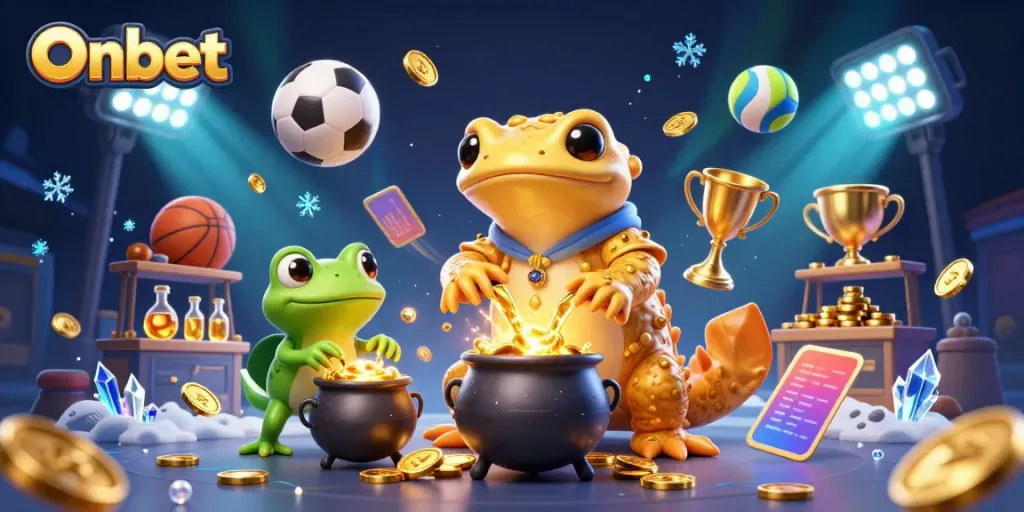 Onbet strategy: 3D salamander alchemist generating gold while sports elements surround the enchanting scene