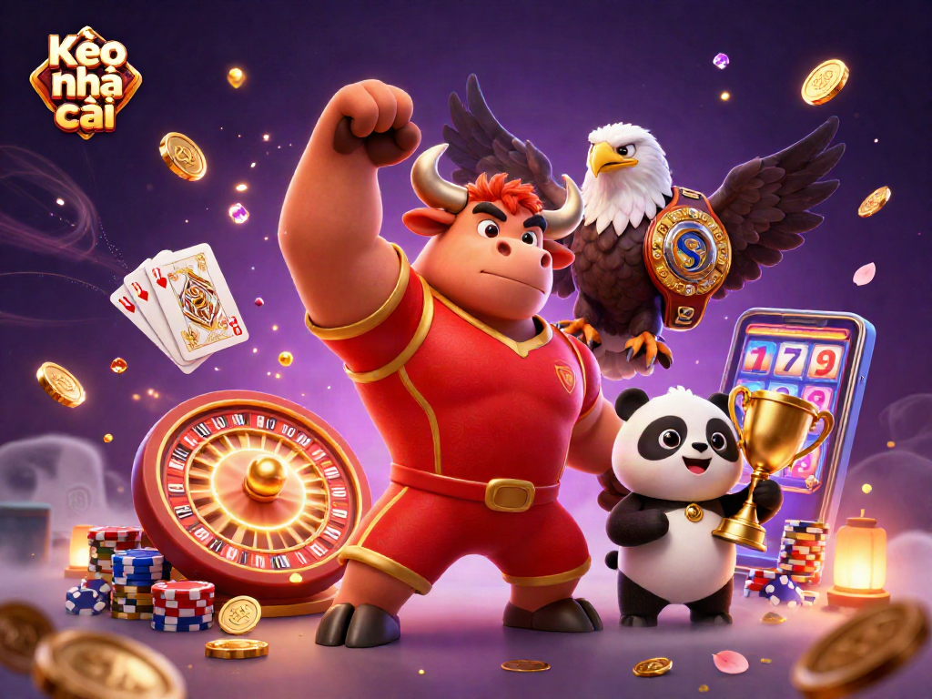 Kèo nhà cái showcases a dynamic victory scene of a bull mascot with credits and casino elements.