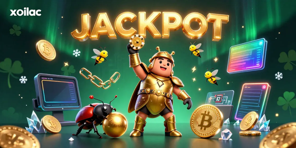 Experience victory with xoilac's engaging 3D image featuring a beetle in golden armor lifting a poker chip amidst vibrant casino elements.