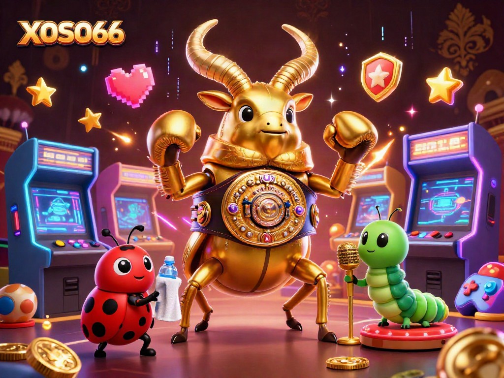 XOSO66 champions in an exciting boxing match, packed with vibrant arcade and casino elements.