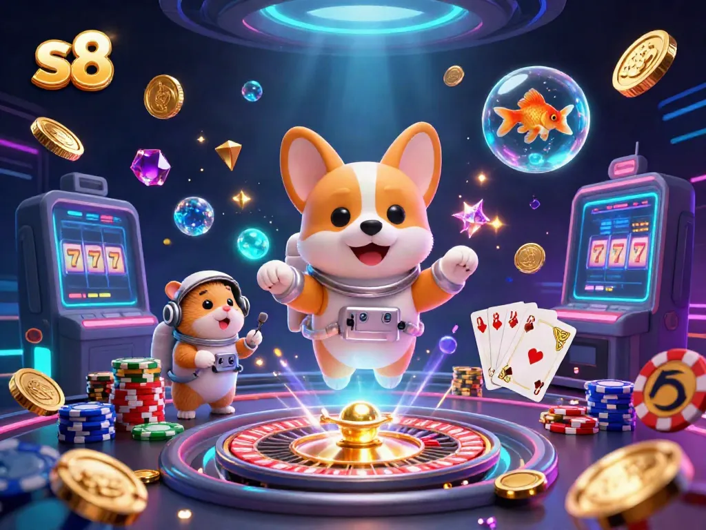 Experience the excitement of s8 with a playful scene featuring floating coins, a whimsical corgi, and casino elements.