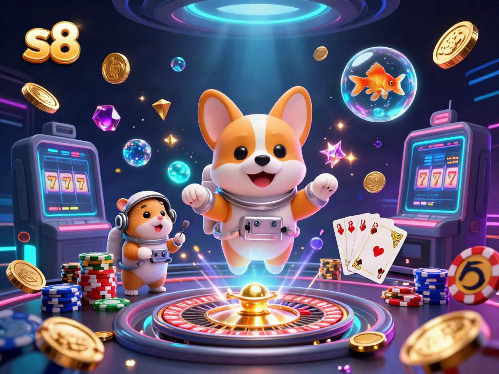 Experience the excitement of s8 with a playful scene featuring floating coins, a whimsical corgi, and casino elements.