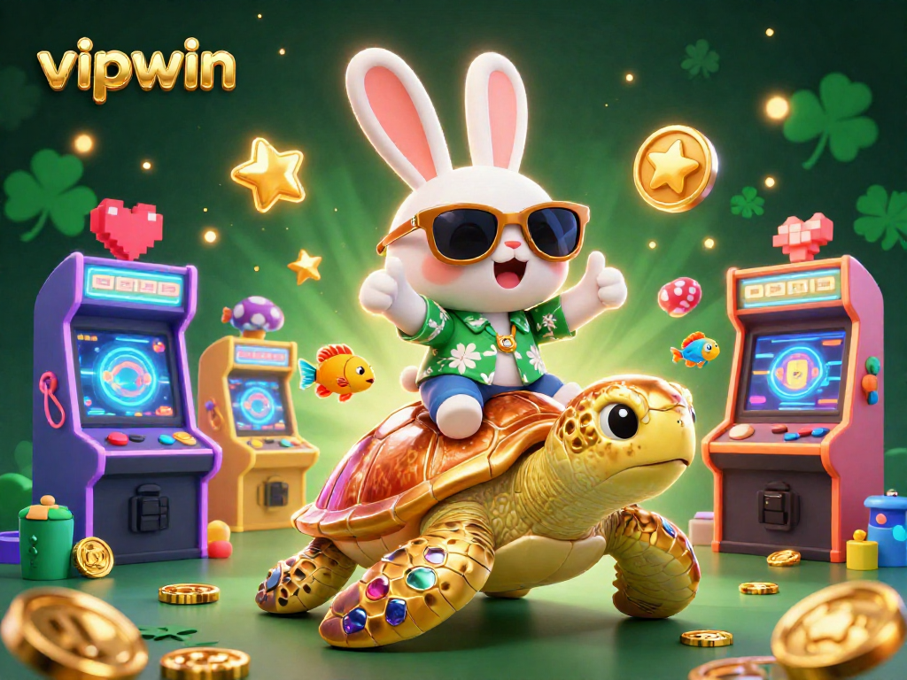 Experience the thrill of winning at vipwin with a lucky rabbit and golden sea turtle in a vibrant casino scene.