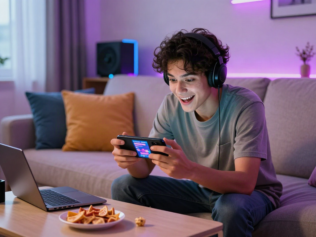Engaged player enjoying a mobile porn game in a cozy living room with snacks and gaming gear.