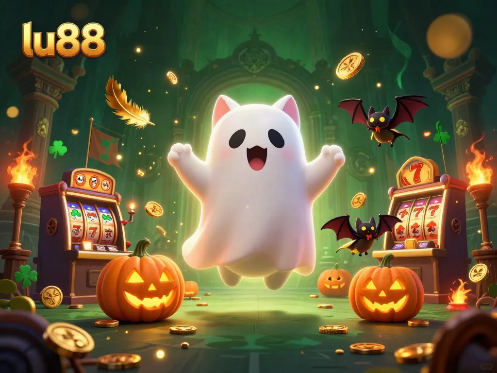 Engage with thrilling LU88 slots while a ghost cat and a bat explore a haunted casino.