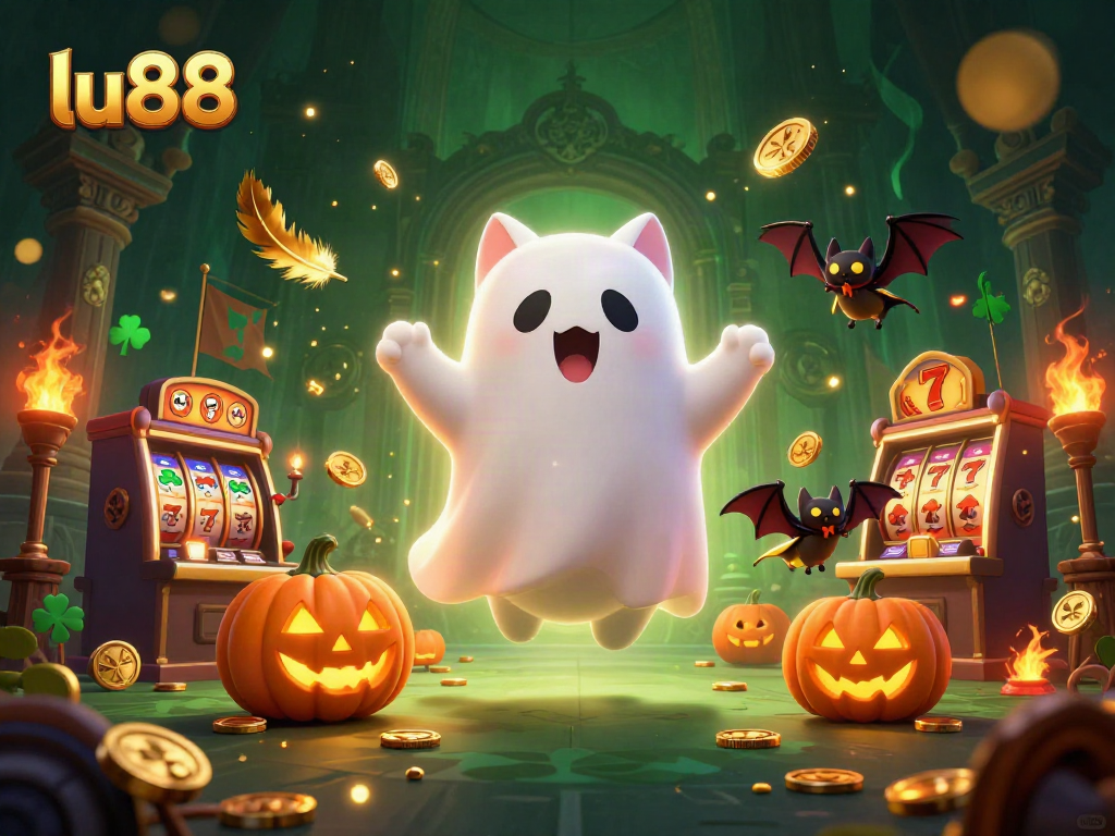 Engage with thrilling LU88 slots while a ghost cat and a bat explore a haunted casino.