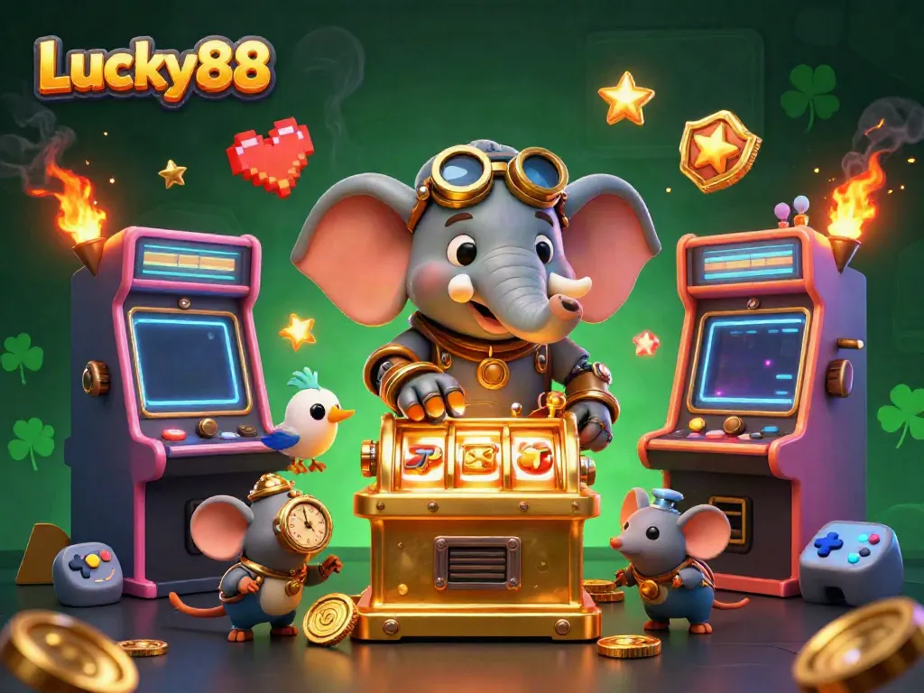 Spin and win at Lucky88 with a vibrant 3D casino scene featuring steampunk characters and colorful game machines.