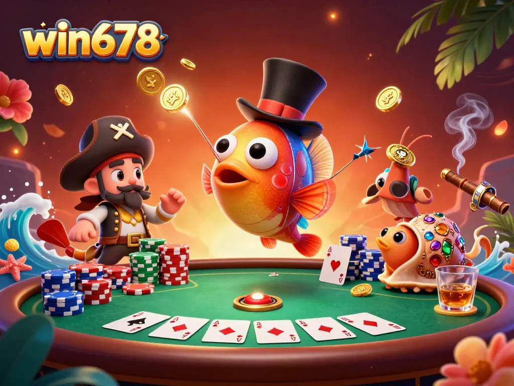 Engage with win678's thrilling atmosphere featuring a lively scene of animated characters around a poker table.
