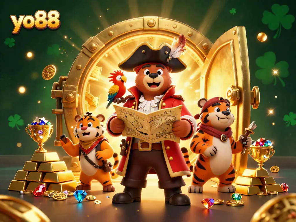 Experience the excitement of yo88 with a cartoon pirate bear, tiger, and treasures in a vibrant 3D scene.