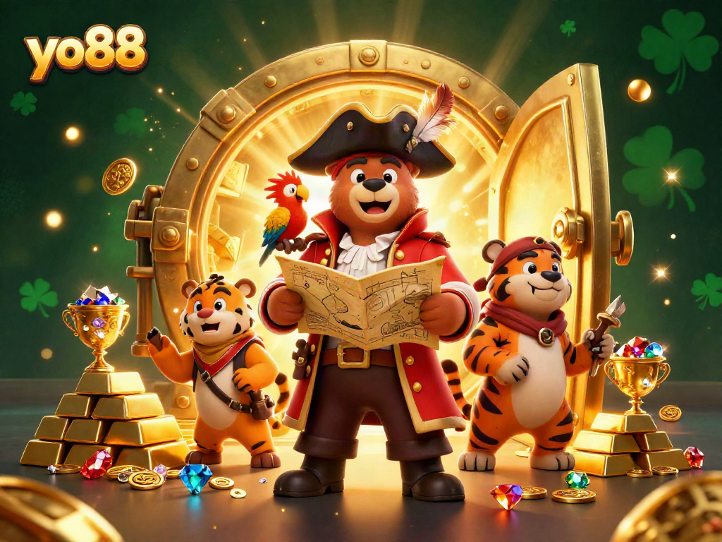 Experience the excitement of yo88 with a cartoon pirate bear, tiger, and treasures in a vibrant 3D scene.