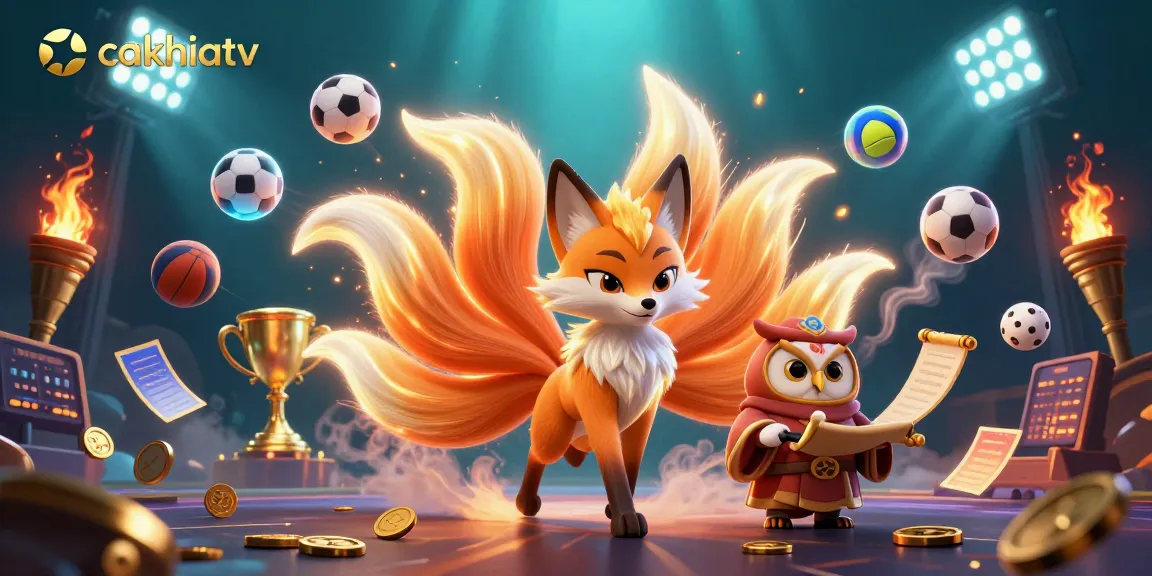 Cakhiatv showcases a vibrant 3D scene with sports balls and mystical elements delivering winning strategies for bettors.