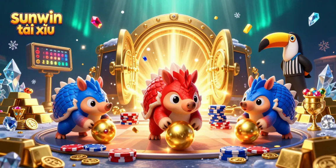 Engage in sunwin tài xỉu with animated pangolins competing in a vibrant casino scene featuring treasures.