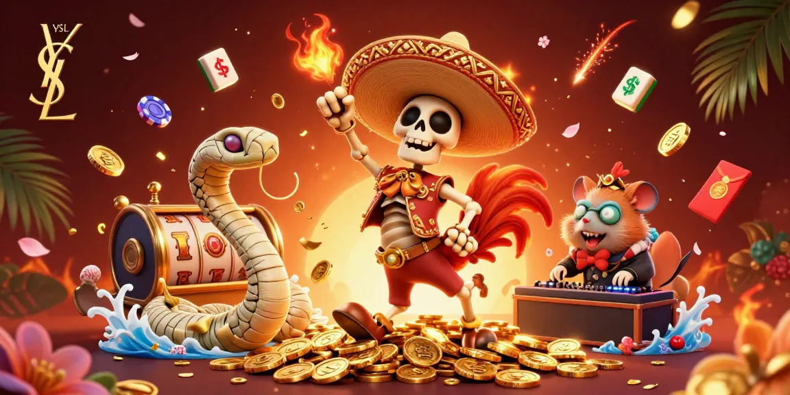 Engaging 3D casino illustration highlighting ysl with vibrant slot themes and festive characters.