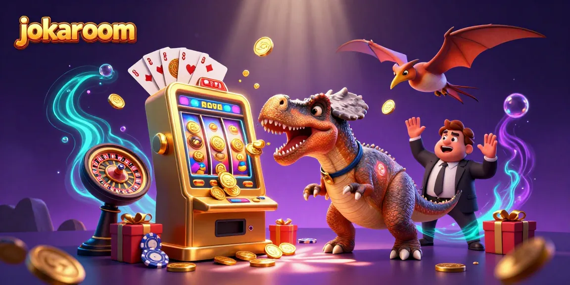 jokaroom showcases a pachycephalosaurus winning coins from a golden slot machine in a vibrant casino setting