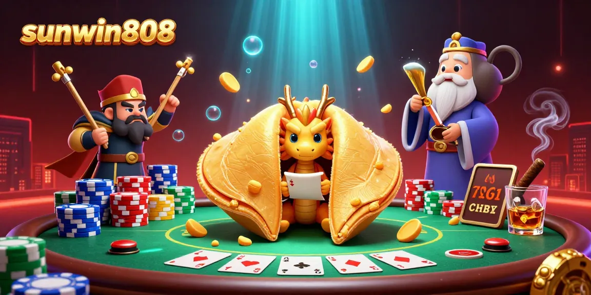 Engage in thrilling gameplay at sunwin808 with a vibrant golden fortune cookie scene filled with poker elements.