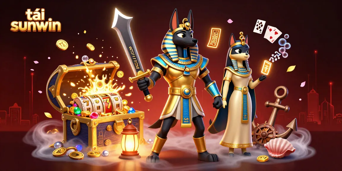 Experience the excitement to tải sunwin with this vibrant casino illustration, featuring Anubis and Bastet amidst slot reels and treasures.