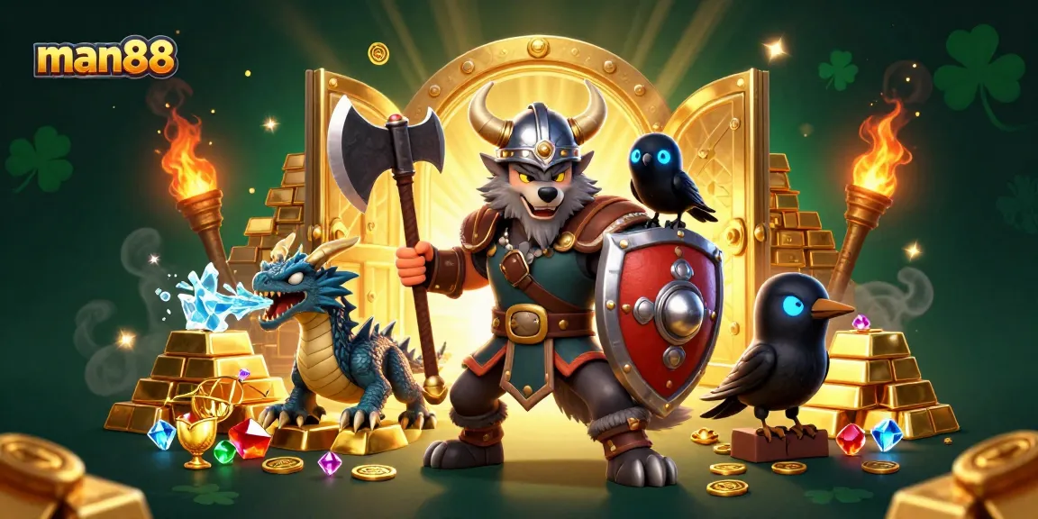 Join man88 in an epic scene with a Viking wolf warrior, dragon, and treasures in a vibrant casino setting.