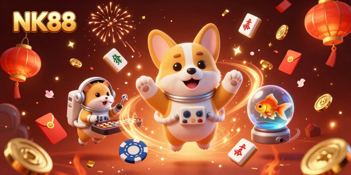 Engaging scene with NK88, showcasing a cartoon astronaut corgi and floating casino elements, enhancing the gaming experience.