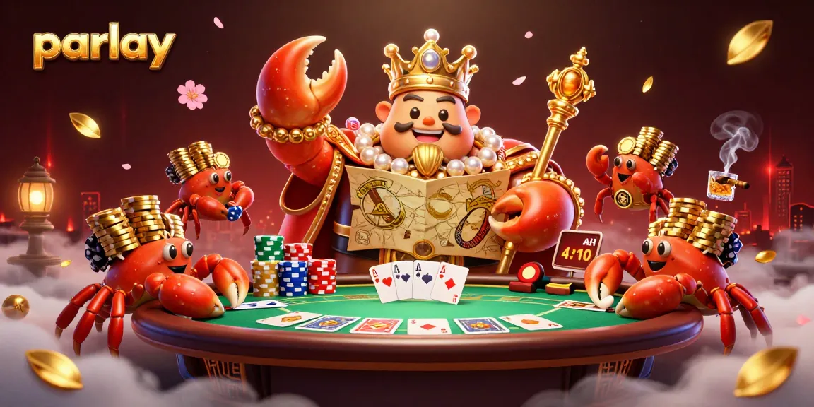 Parlay betting strategy visualized with a golden crab emperor and poker elements.