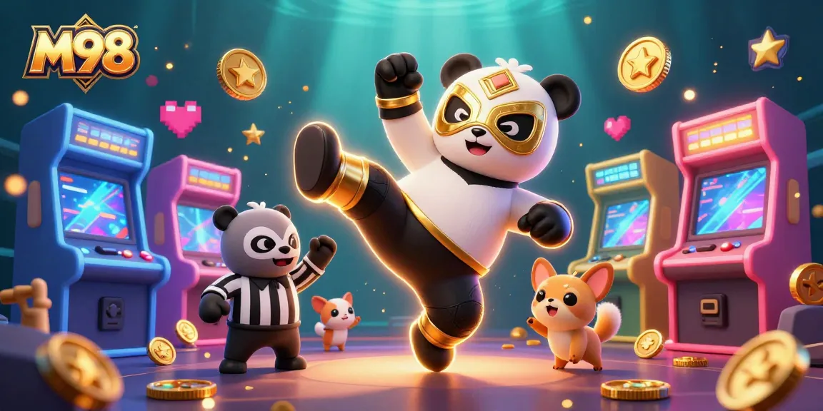 M98 delivers exhilarating casino fun with a flying wrestler panda, epic gaming scene.