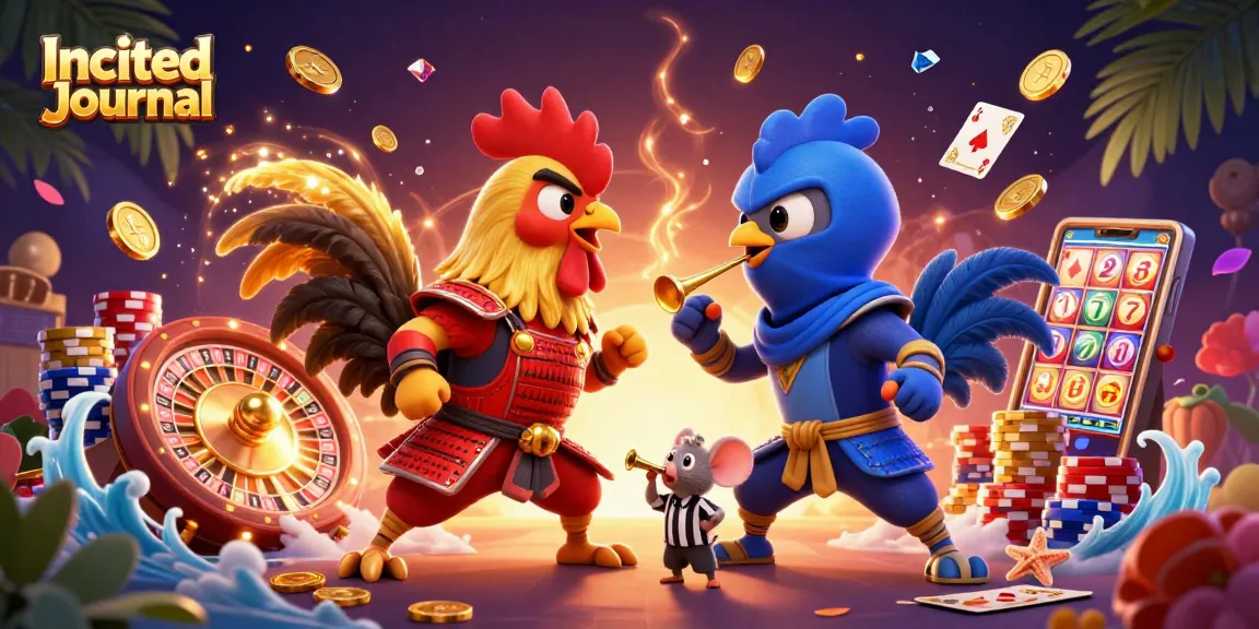 Experience the excitement at Incited Journal with roosters battling and casino games in vibrant 3D art.