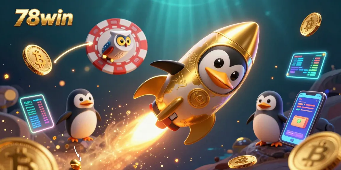 Experience thrilling wins at 78win with a cartoon penguin blasting through space towards a casino chip!