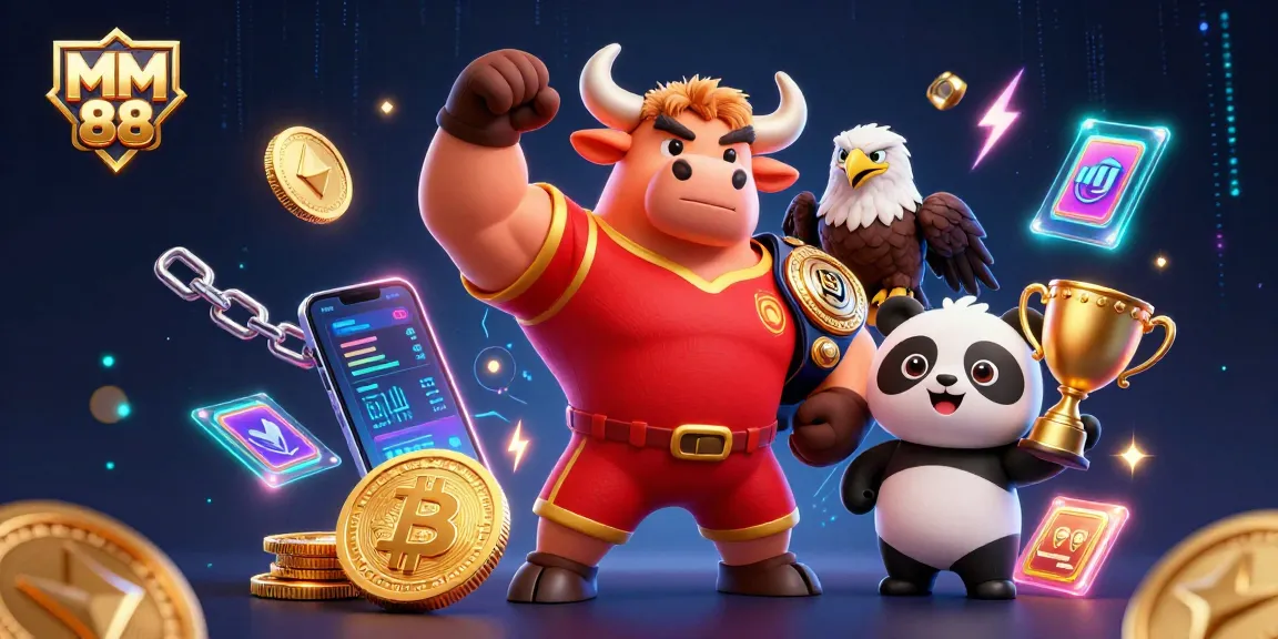 Experience the thrill of MM 88 with vibrant crypto-themed characters and casino game elements.