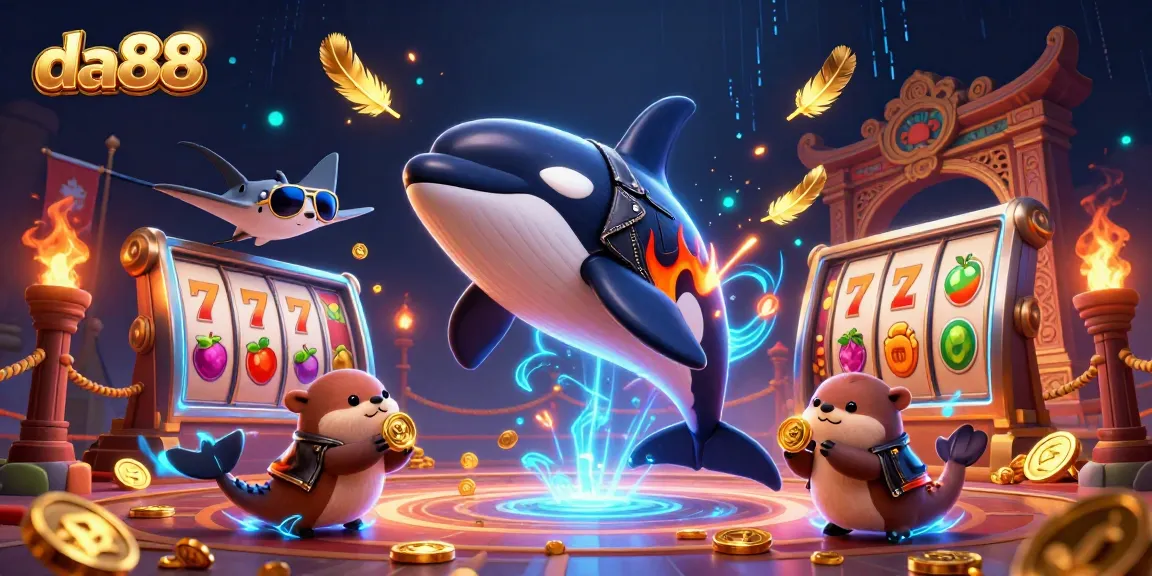 Experience thrilling gameplay at da88 with 3D characters rallying around dynamic slot machines and golden coins.