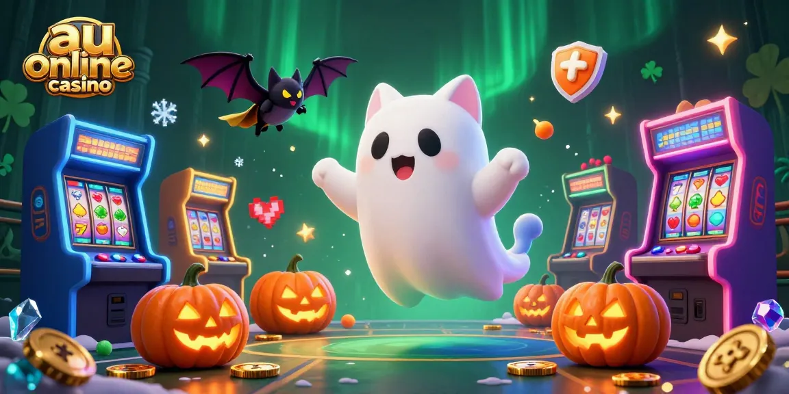 Experience the magic of the au online casino with a ghost cat and friends amidst vibrant gaming elements.
