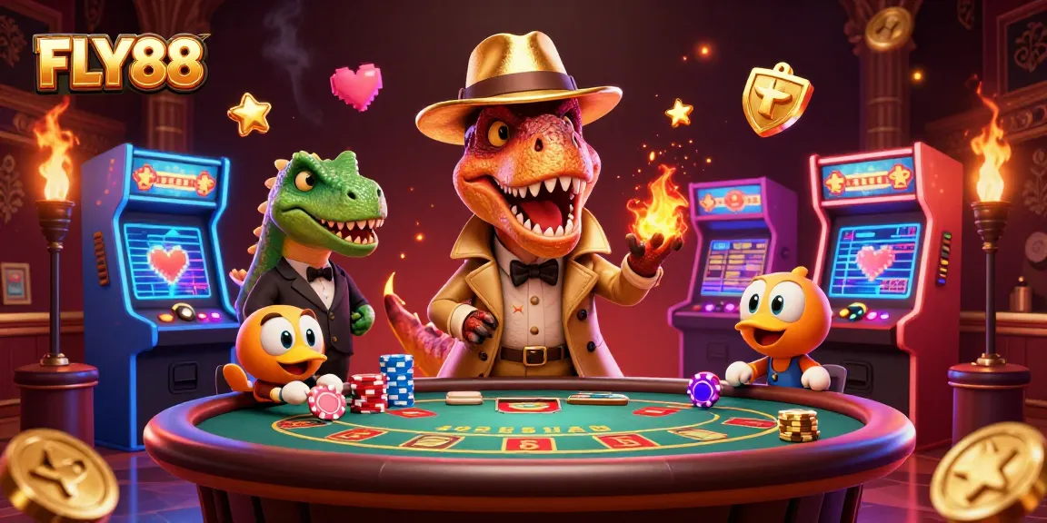 FLY88 showcases a 3D cartoon velociraptor at a blackjack table, spotlighting dynamic casino gameplay.