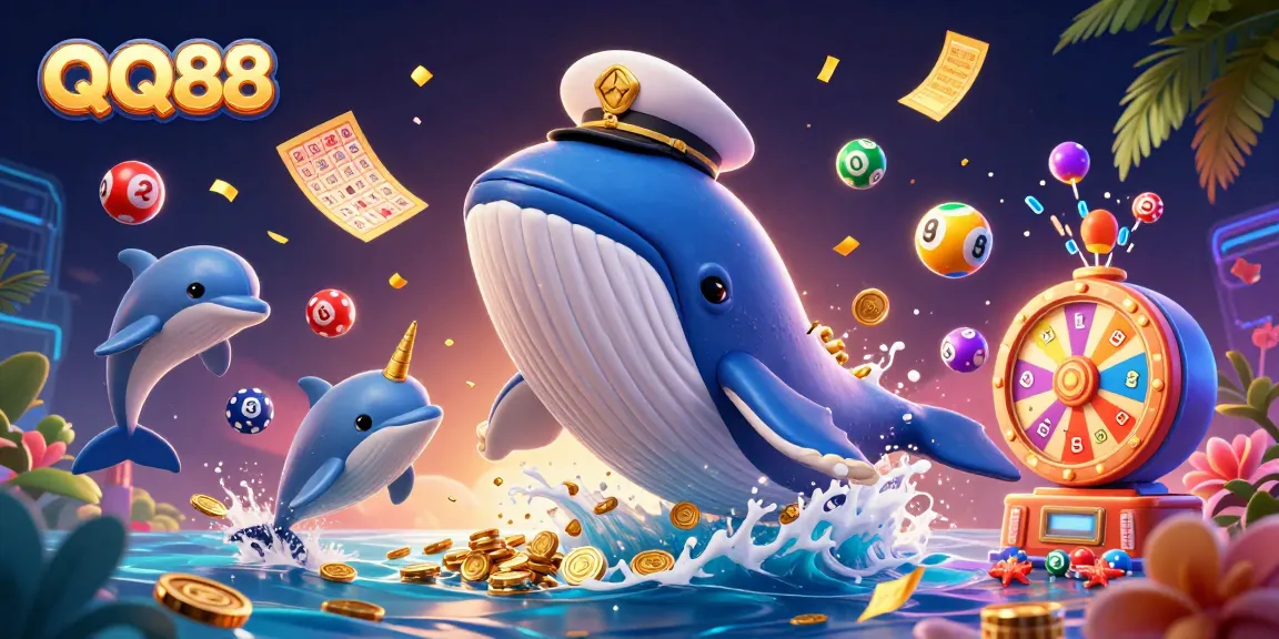 Experience thrilling jackpots at QQ88 with a vibrant casino scene featuring whales, dolphins, and lottery elements.