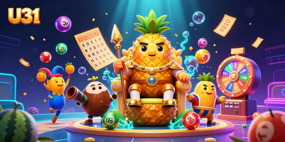 Experience the vibrant U31 casino with a golden pineapple king and dynamic game elements.