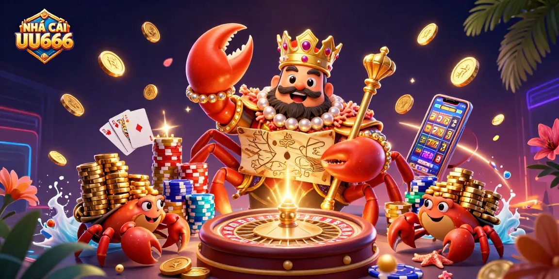 Experience the vibrant world of NHÀ CÁI UU666 with a golden crab emperor amidst dynamic casino action.