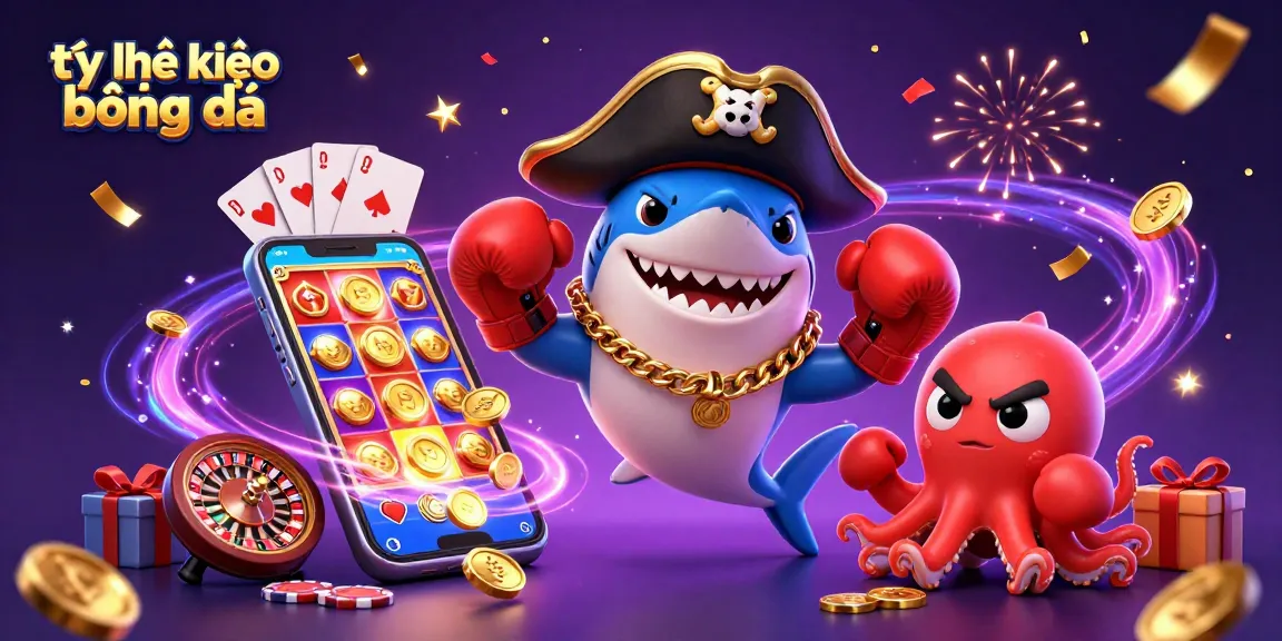 Experience the thrill of tỷ lệ kèo bóng đá with an exciting scene of a cartoon shark and friends engaging in festive gambling.