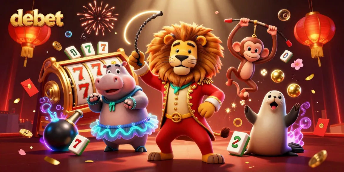 Experience excitement with debet in this vibrant casino-themed illustration featuring a lion ringmaster.