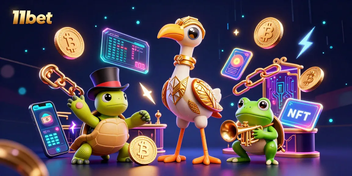 Engage with 11bet in a vibrant casino scene featuring crypto elements and lively characters.