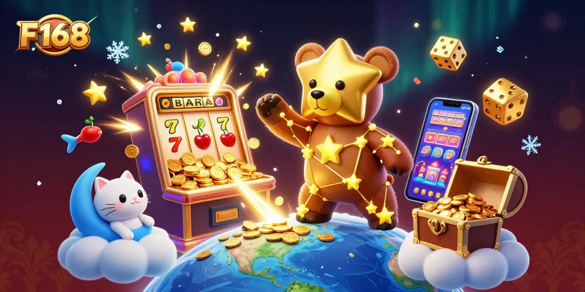 Experience the thrilling F168 gaming adventure with vibrant 3D illustration showcasing stars, coins, and casino elements.