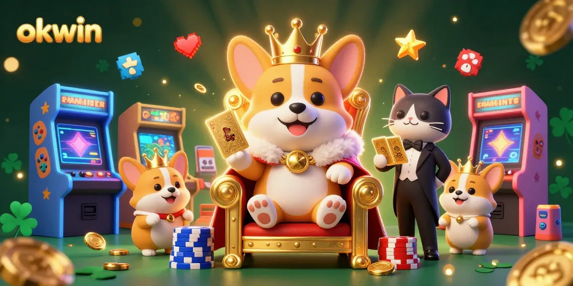 Experience excitement with okwin's royal corgi character surrounded by vibrant arcade elements.